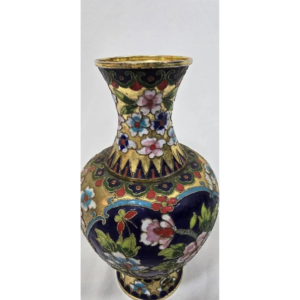 Vintage Champleve raised wire cloisonne enamel metal vase hand painted asian art